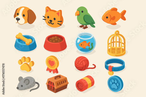 A set of twelve colorful icons in isometric graphics style related to pets. The style is bright and friendly, ideal for pet care themes.