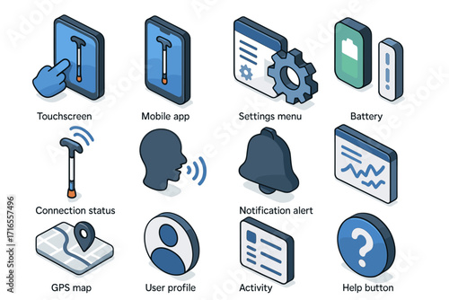 A set of icons related to mobile technology and user interface elements. 