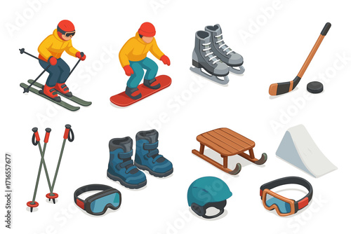 A set of 3D icons related to winter sports and equipment.
