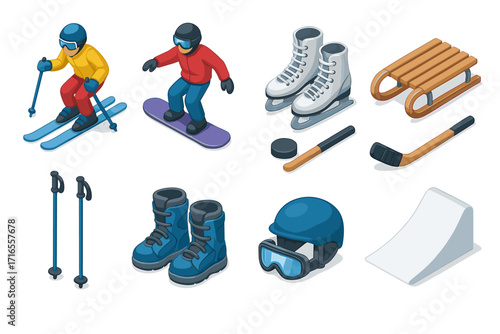 A set of 3D icons related to winter sports and equipment.