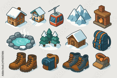 A set of 3D isometric icons thematically related to winter recreation in the mountains