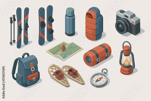 A set of 3D isometric icons thematically related to winter hiking and adventure recreation.