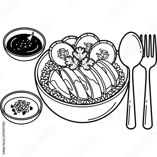 Delicious Hainanese Chicken Rice Bowl with Accompaniments A Simple Line Art Illustration