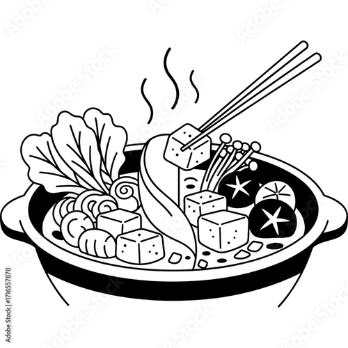 Warming Asian hot pot meal, full of fresh vegetables, tofu, and mushrooms, ideal for a comforting communal dining experience, in a simple line art illustration