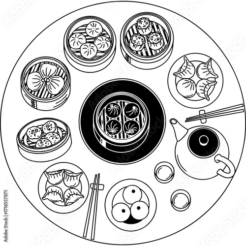 Overhead view of a traditional Chinese dim sum meal with steaming baskets, teacups, and chopsticks