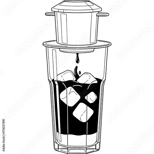 Minimalist Line Art Illustration of Vietnamese Iced Coffee Being Brewed and Served Over Ice Cubes in a Tall Glass