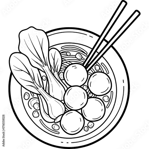 Delicious Noodle Soup with Meatballs and Vegetables Illustration