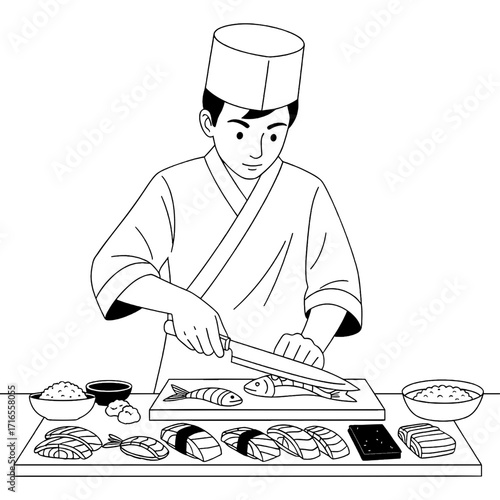 Black and white outline illustration of a dedicated sushi chef meticulously crafting fresh Japanese delicacies like nigiri and sashimi with traditional culinary precision