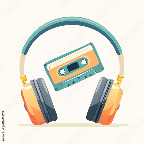 Classic audio experience with retro headphones and a vintage cassette tape, symbolizing timeless music enjoyment and the nostalgic charm of analog sound
