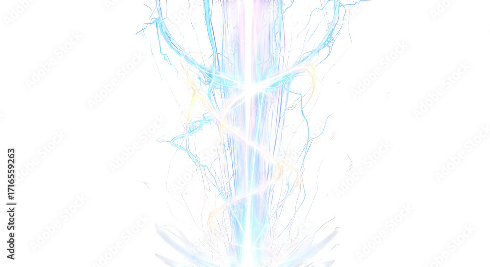 Obraz premium Abstract vertical beam of bright white light with energetic blue and white streaks against a black background