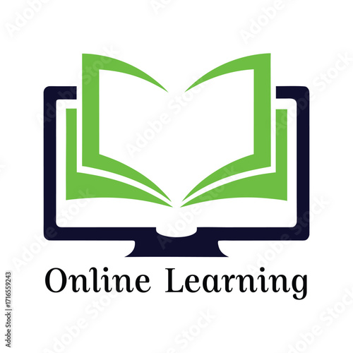 Open book with green pages above a dark blue computer monitor and text vector