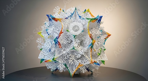 Intricate Paper Sculpture: Geometric Starburst with Rainbow Edge