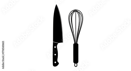 Culinary Essentials: Minimalist Chef's Knife and Whisk Icons