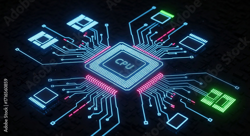 Photo of cpu chip with illuminated circuit pathways and components