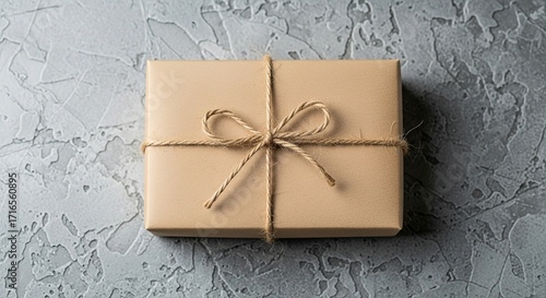 Kraft Paper Gift Box Tied with Jute Twine on Textured Gray Backg