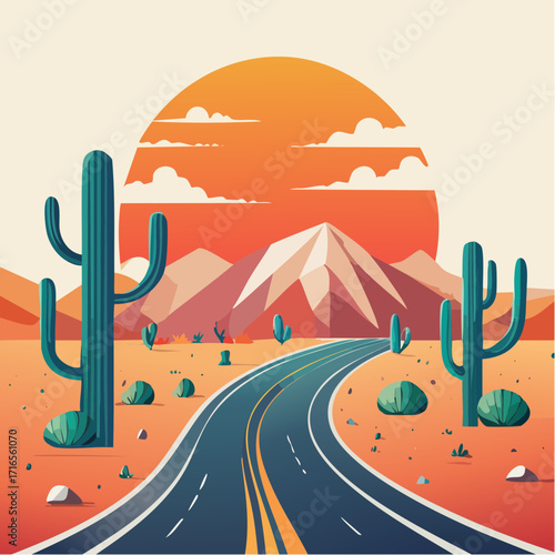 Vast Desert Highway Under a Blazing Sunset with Saguaro Cacti and Distant Mountains
