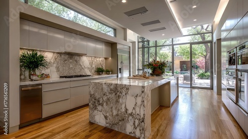 Modern kitchen with large island and patio view