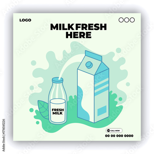 Design a fresh and vibrant scene featuring milk cartons and a bottle, with a dynamic milk splash flowing from a glass. The background should be light and airy, with soft gradient blues and greens to c
