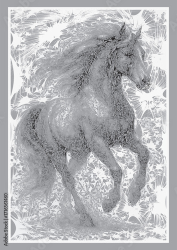 Abstract Equine Spirit: A striking black and white digital art piece of a powerful horse in motion, featuring a unique web-like texture. Perfect for modern decor.