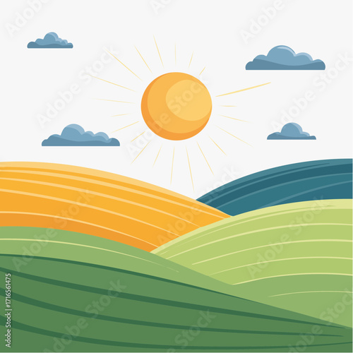 Idyllic Countryside Landscape with Rolling Green and Golden Fields Under a Bright Sunny Sky and Gentle Clouds Vector Illustration