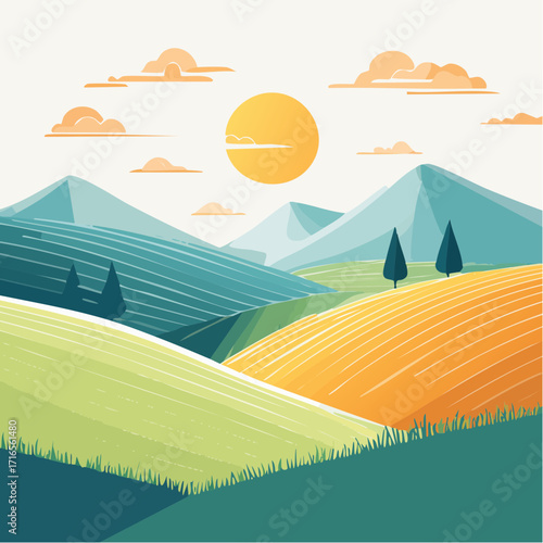 Idyllic countryside scenery with colorful rolling hills, agricultural fields, and a gentle sun shining over a peaceful valley landscape