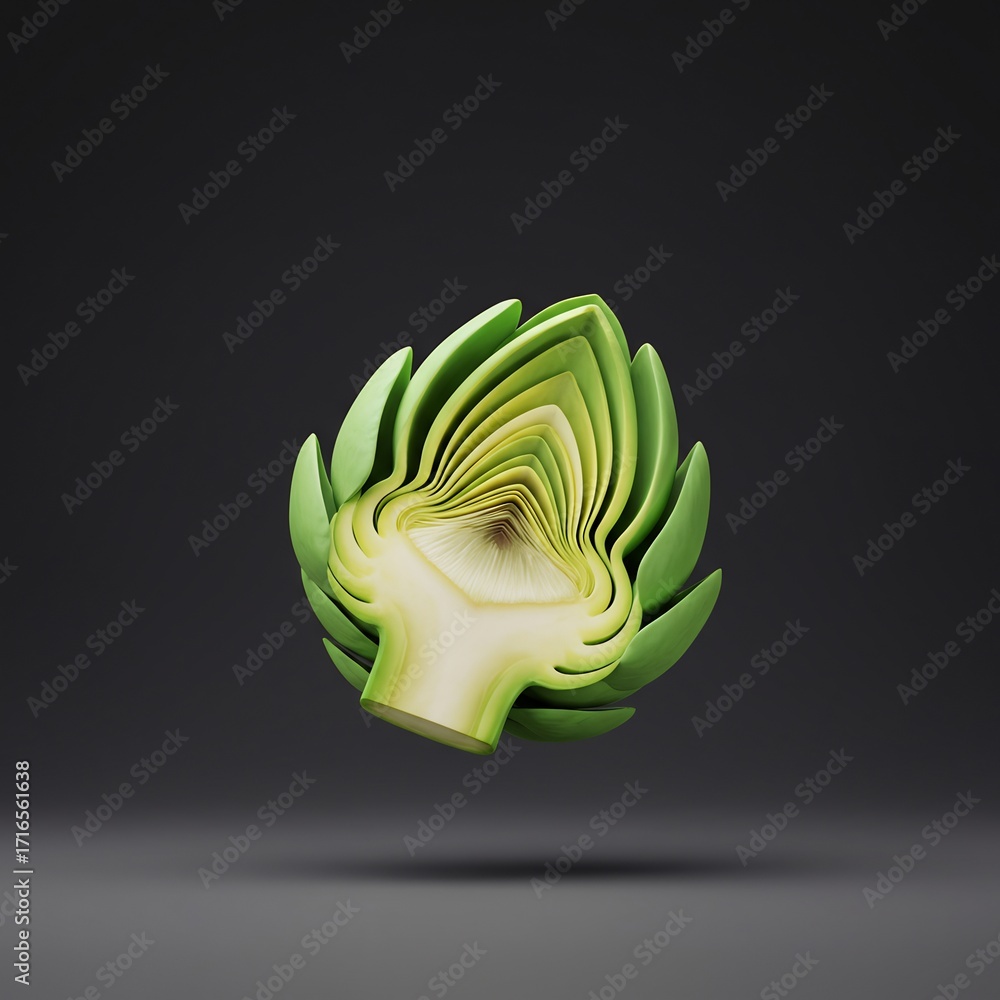 Obraz premium A 3D render of an artichoke cut in half, showing its inner layers and heart. Stylized fresh green vegetable floating on a dark background.