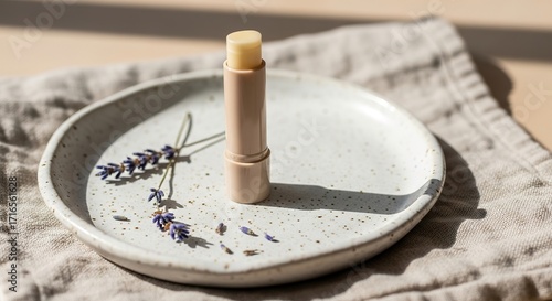 Lip Balm and Lavender on a Textured Plate in Soft Sunlight