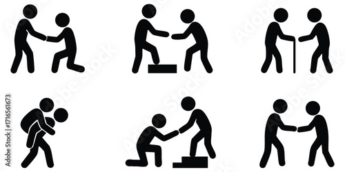 Stickman silhouette set of helping poses showing teamwork, assistance, friendship, cooperation, and supportive gestures
