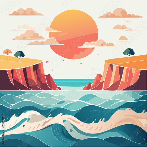 Minimalist vector illustration of a vibrant seascape with a large setting sun between two dramatic cliffs and rolling ocean waves