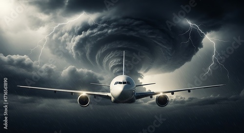 Airplane flying through a massive and powerful hurricane storm with lightning