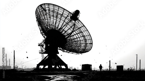 Large radio telescope silhouette against a white sky a person walks in the distance