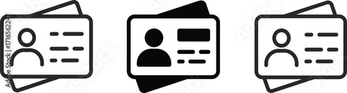 ID card icons, user profile symbol, contact information graphic, identification vector set, admin interface design, black and white layout, isolated icons, digital identity