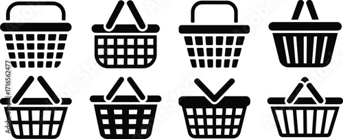 Shopping basket icons, black vector set, retail symbol, grocery cart graphic, ecommerce UI element, market basket design, isolated icons, minimal style, white background