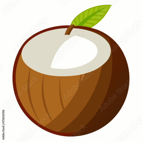Delicious tropical coconut fruit with fresh green leaf, perfect for healthy recipes, summer smoothies, and exotic vacation vibes, originally a scalable vector graphic