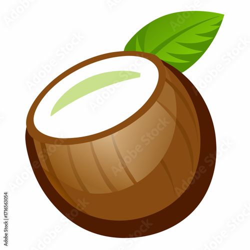 Freshly cut coconut half with vibrant green leaf offering a tropical vibe, perfect for summer promotions, healthy food blogs, and exotic travel campaigns, originally designed as a scalable graphic