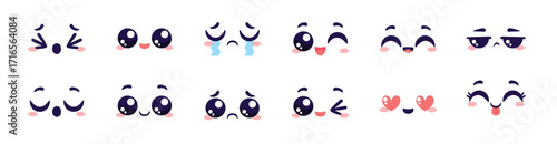 Various facial expressions with pink cheeks, Set Hand drawn flat design kawaii face collection