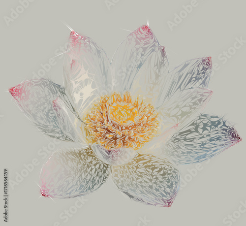 Elegant abstract lotus flower illustration with a delicate, intricate web-like texture. Serene botanical digital art perfect for modern wall decor and spiritual themes.