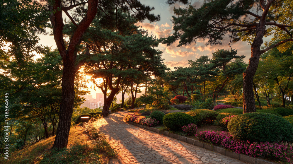 Obraz premium Sunset stroll through a lush park path with city view and vibrant flowers