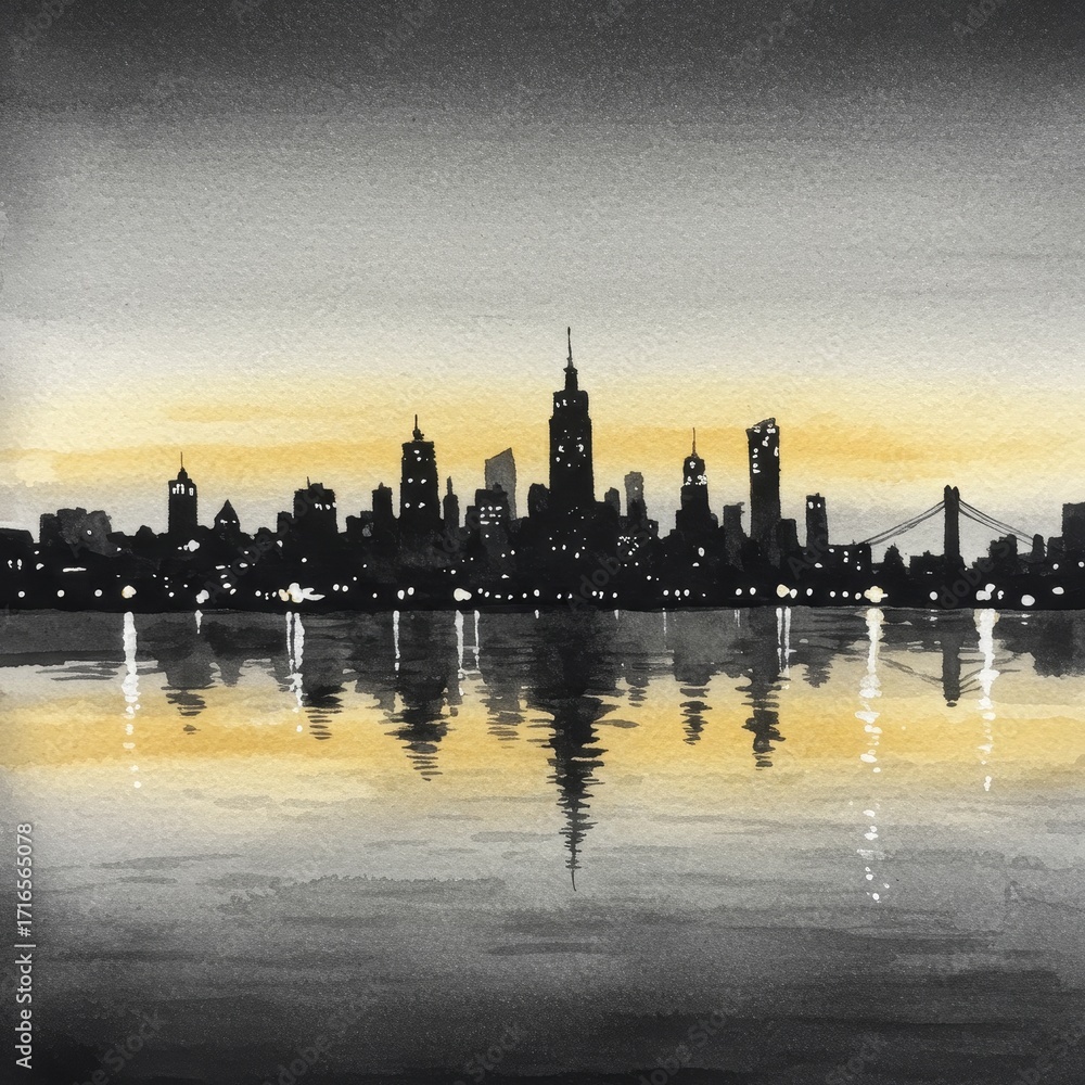 Obraz premium City skyline silhouette at sunset with glowing building lights reflected in water. Urban landscape watercolor painting for travel or night life concept.