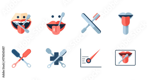 A collection of eight colorful flat design icons for dentistry and oral hygiene, including toothbrushes, dental tools, and mouths.