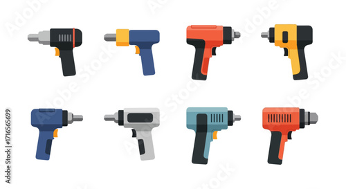 A collection of colorful cordless impact driver power tools in a flat vector design set.