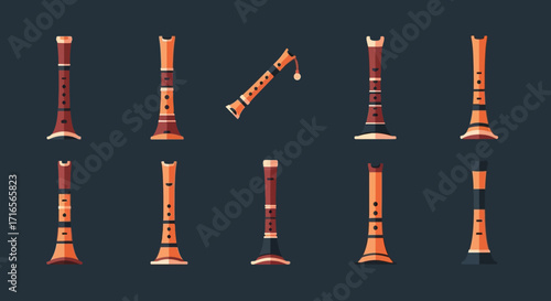 A collection of traditional wooden zurna folk instruments with decorative rings and flared bells.
