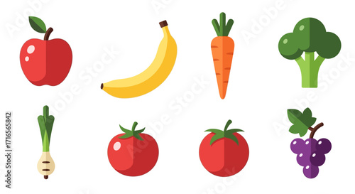 Wallpaper Mural A colorful collection of eight stylized fruit and vegetable icons, including an apple, banana, carrot, broccoli, tomatoes, and grapes in a flat design. Torontodigital.ca