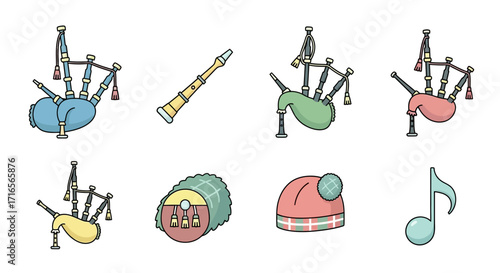 A colorful collection of hand-drawn Scottish cultural icons, including various bagpipes, a chanter, traditional hats, and a musical note.