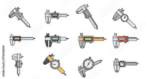 A diverse collection of illustrated caliper measuring tools, including vernier, dial, and digital models in various colors and styles.