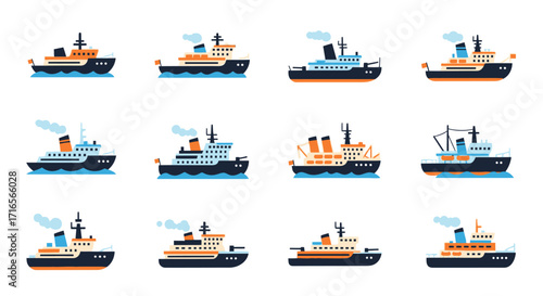 A diverse collection of stylized vector icebreaker ships, showcasing various designs for arctic and polar navigation.