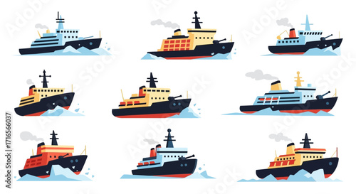 A diverse collection of nine colorful icebreaker ships, illustrated in a modern flat vector style, navigating through icy seas.
