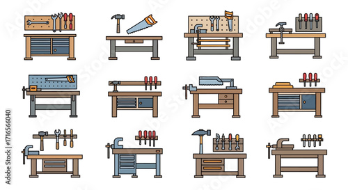A diverse collection of twelve illustrated woodworking workbenches, each equipped with various carpentry hand tools.