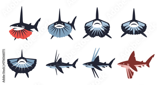 A dynamic collection of stylized shark illustrations in various poses, featuring open mouths with colorful gills and exaggerated fins.