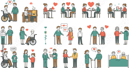 Caregiving cartoon scenes, elderly support, emotional connection, wheelchair help, family love, healthcare compassion, vector icons, inclusive design, senior care
